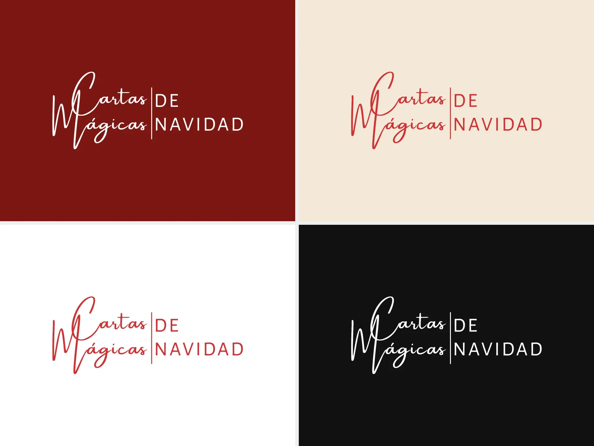 Versiones del logotipo de Cartas Mágicas de Navidad sobre granate, crema, blanco y negro