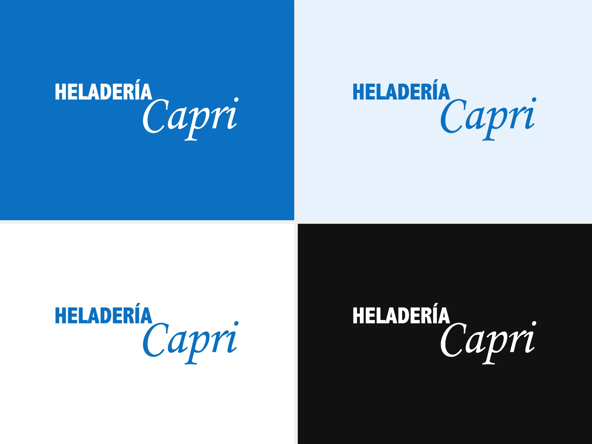 Versiones del logotipo de Heladería Capri sobre azul, azul claro, blanco y negro