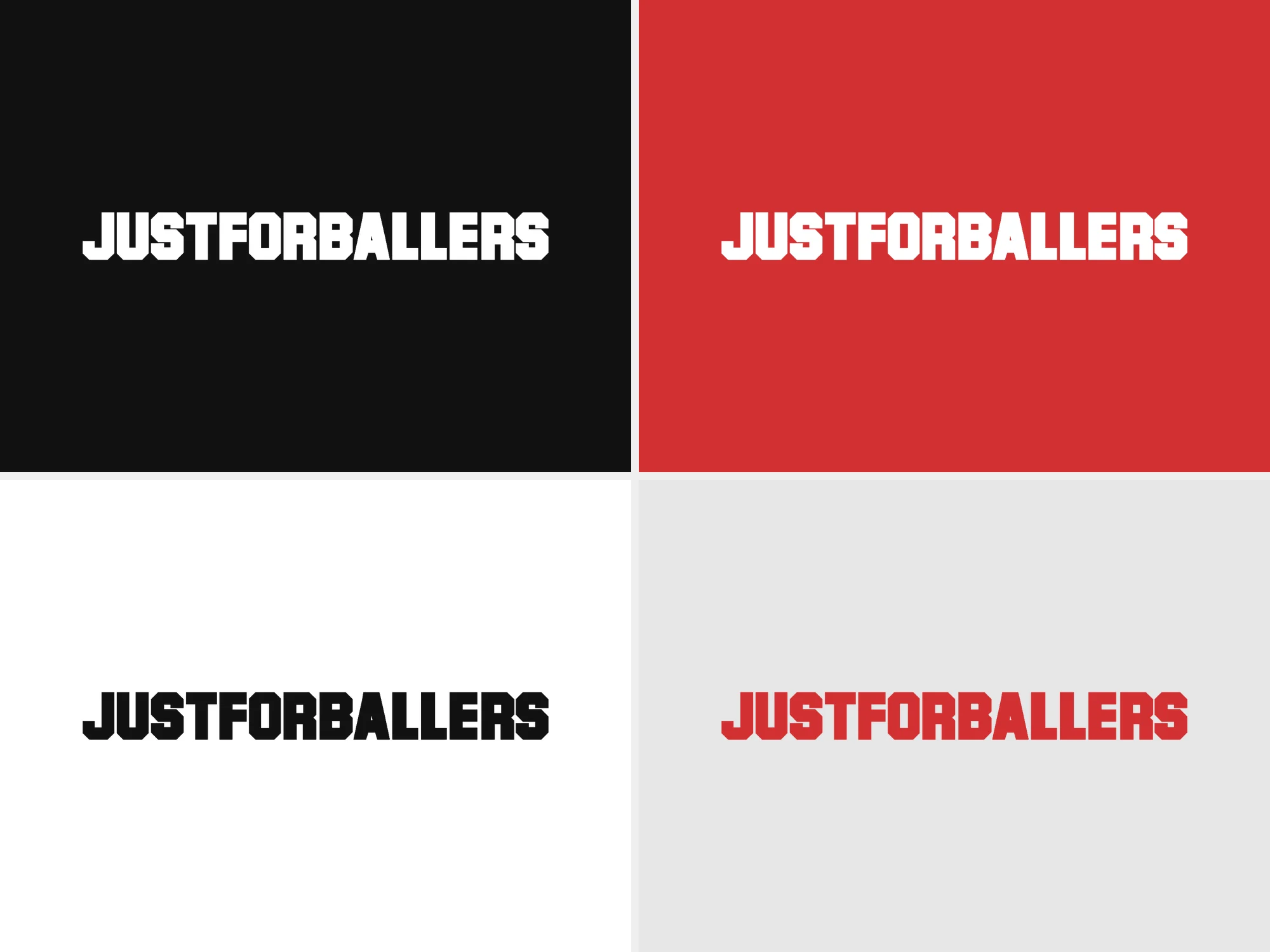 Versiones del logotipo de Just For Ballers sobre negro, rojo, blanco y gris