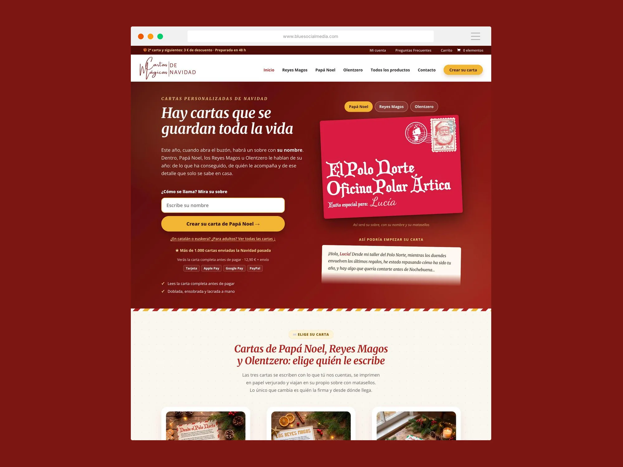 Portada de la tienda online Cartas Mágicas de Navidad en un navegador