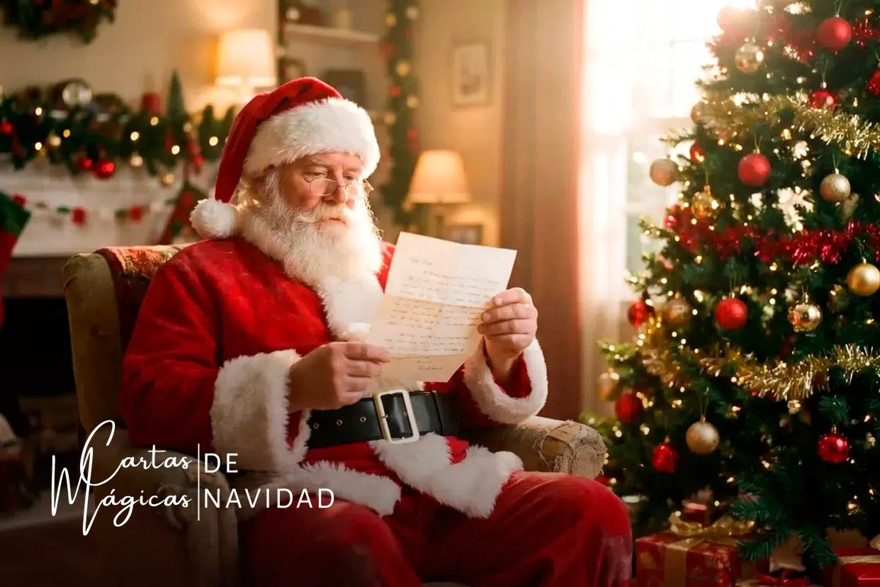 Página web de Cartas Mágicas de Navidad: Papá Noel leyendo una carta junto al árbol